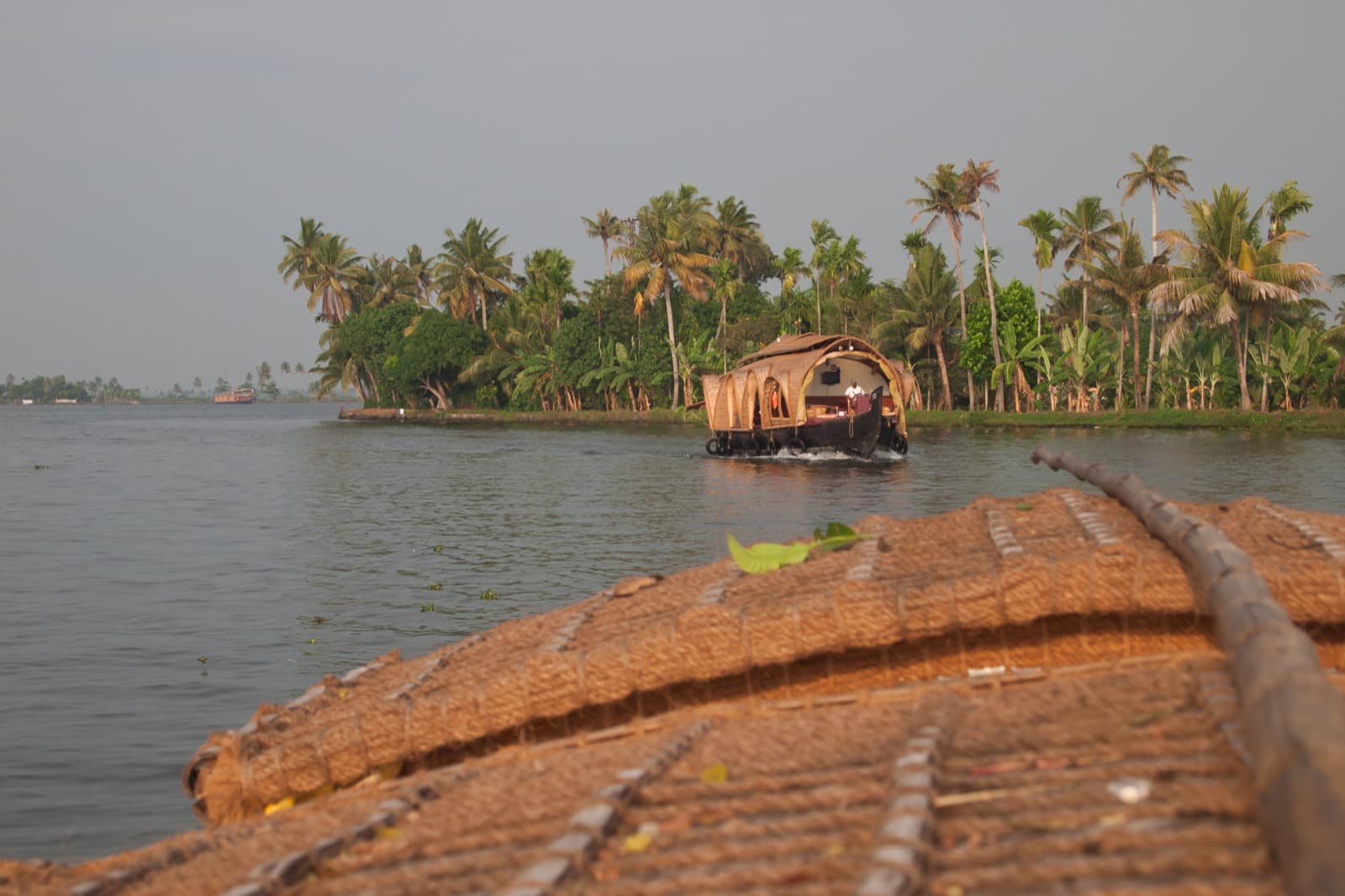 A traditional houseboat cruising Kerala's palm-lined backwaters